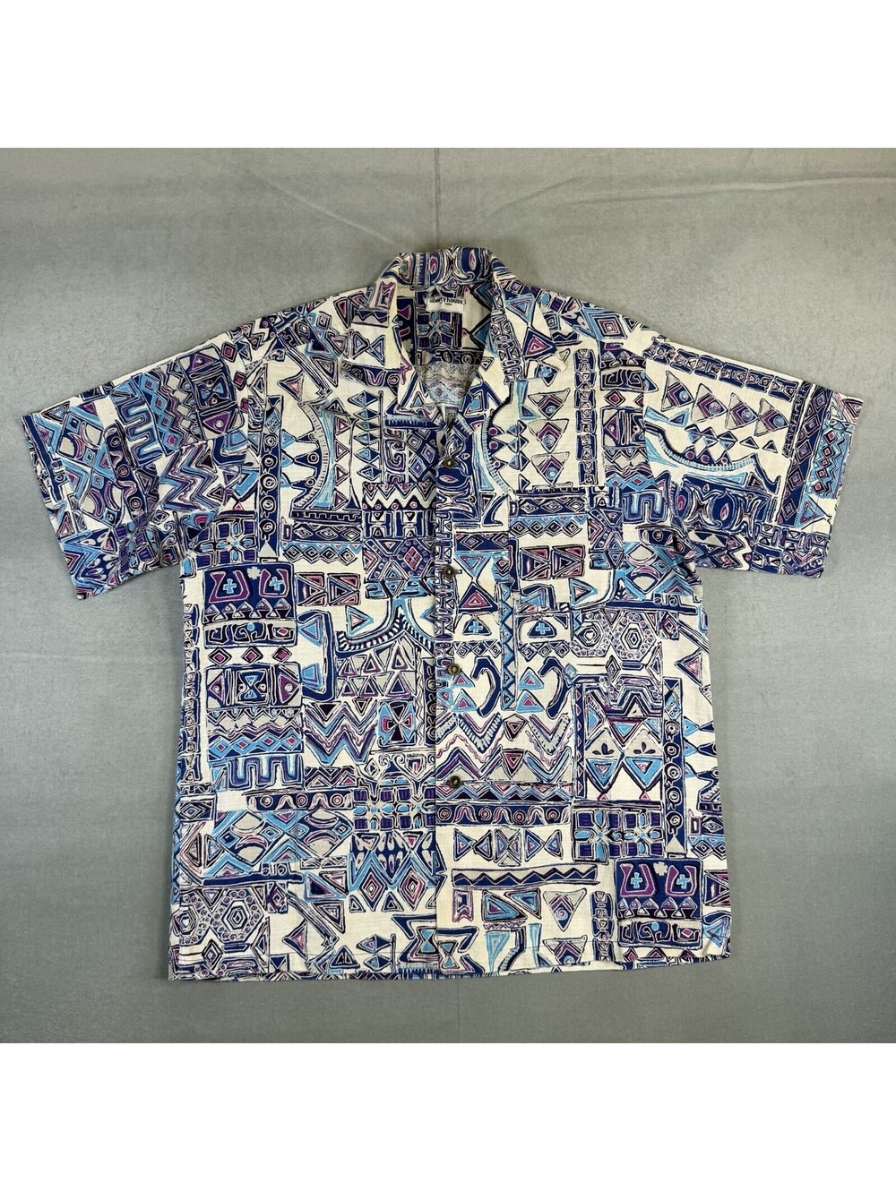 VTG 70s Liberty House Hawaiian Shirt Mens Large* Blue White Tiki Tapa Barkcloth